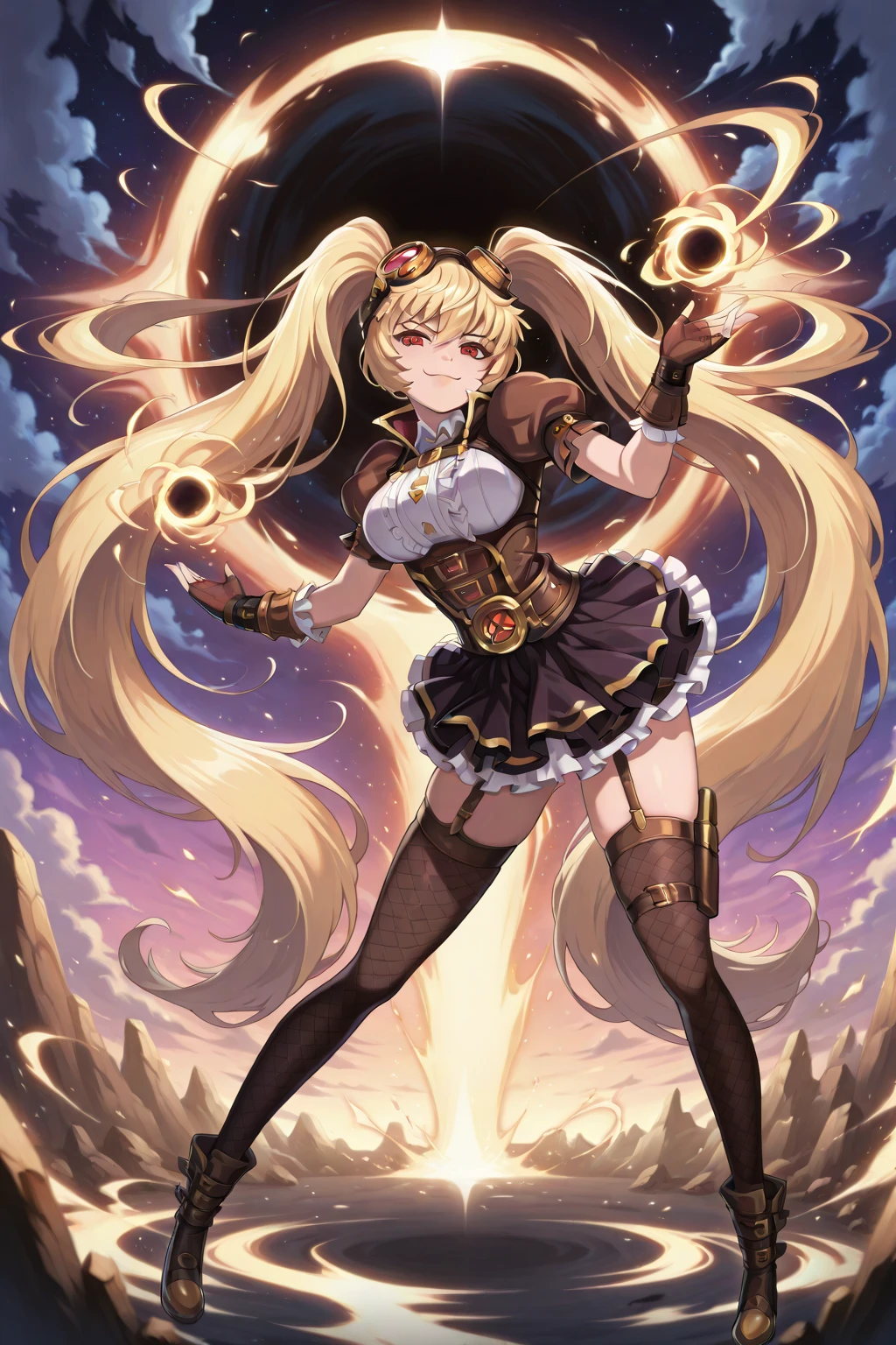 Realistic, High resolution, Real Anime、3D、Splatoon Girl、 Hip Up, Beautiful Eyes, Golden Eyes、Long golden tentacle hair, gigantic breast、Cleavage、Open front clothing、jewelry, tattoo, Micro Mini Skirt, Knee socks, Have, jewelry, boots, belt, lips, zettai ryouiki, thigh boots, corset, top Have, steampunk, steampunk_Costumes、Open Mouth Smile、blush、