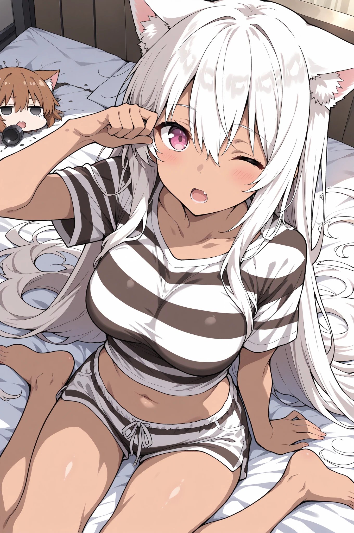 One person、solo、chest、Staring at the audience、short hair、Big Breasts、Red Eye、belly button、Animal Ears、tail、Swimwear、Gray Hair、Thighs、Cat ear、Dark brown skin、Dark brown skinの女性、猫のtail、Zoom Layer,セクシーなSwimwear、センシティブな Swimwear、卑猥なSwimwear、色っぽいSwimwear、きわどいSwimwear、エロいSwimwear,belly buttonを露出している、Swimwearの布の量が非常に少ない、、No underwear except for the ultra-thin V-front micro plunge.、((Ultra-thin V front micro plunge only))、((黒いUltra-thin V front micro plunge only))
