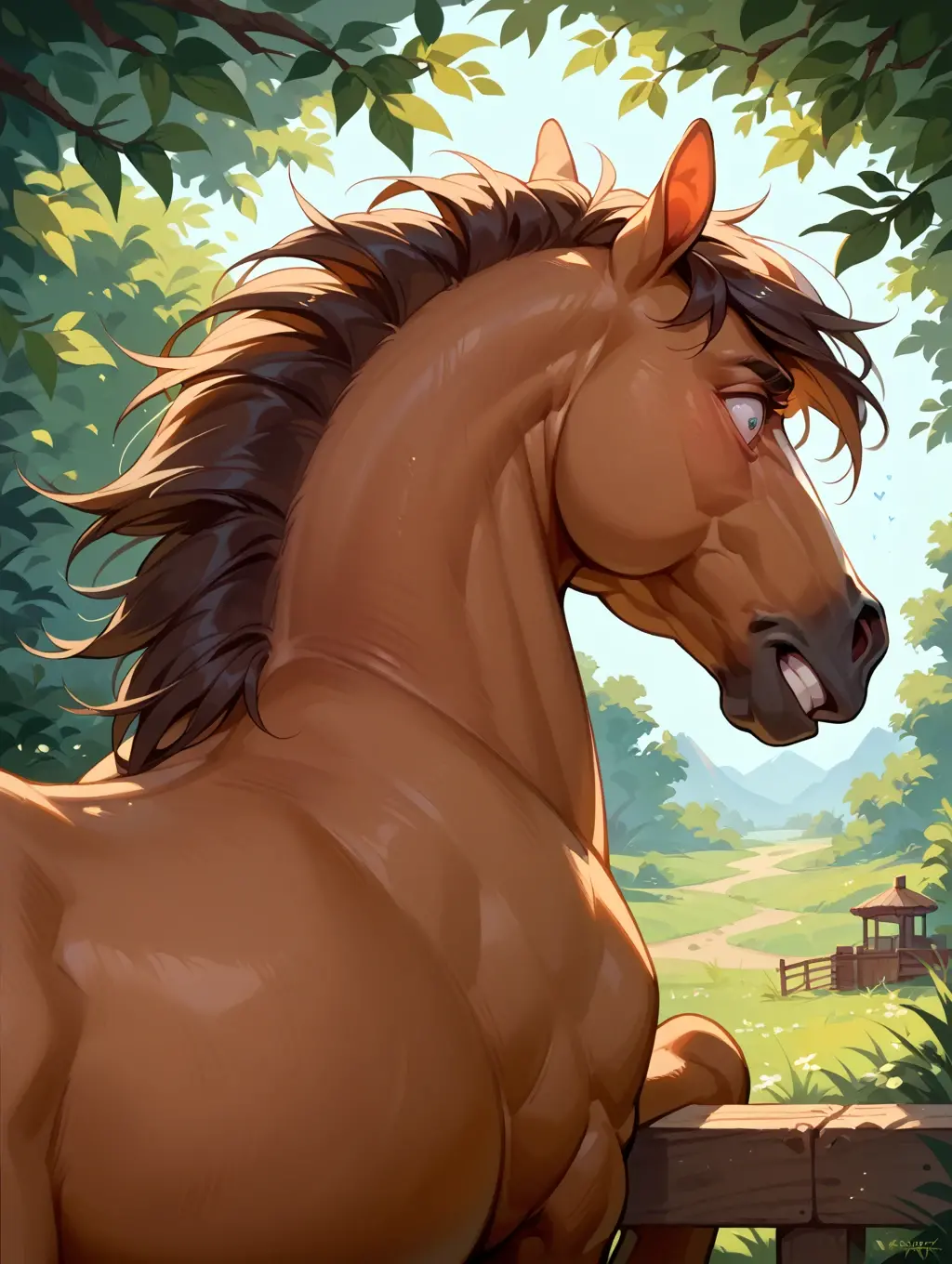 girl with a big horse   and ends up on the viewer 