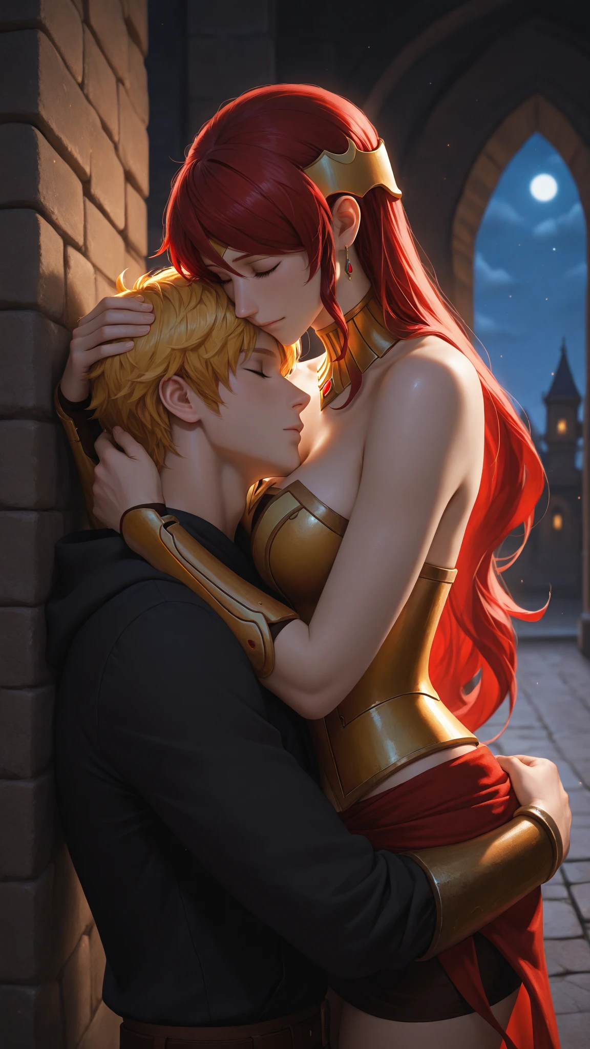 (Masterpiece, highly detailed, highly quality, highly resolutions), fantasy alley, Boy and girl kissing, hug (pov on side) {{1boy, 20 years old boy, mage, shirtless boy, muscle, Sleeves, cape, shoulder pads, Blonde hairs}}, {{1girl, 20-year-old girl, crop top, navel, fox ears, red hair, hair covering human ears, Armor Shoulder pads, sexy}}, The boy is making out on a girl, girl seducing the boy,