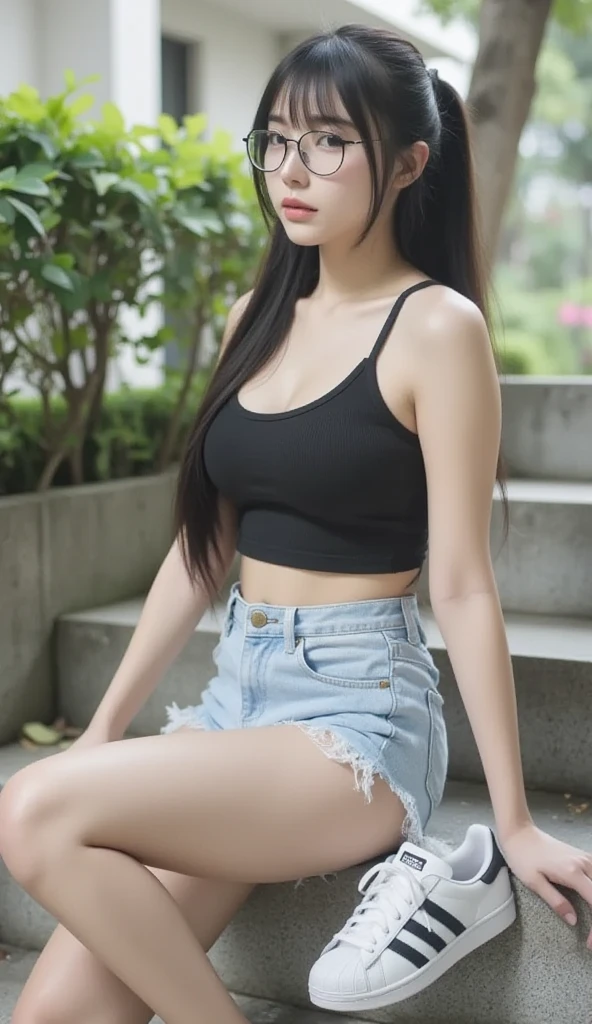 best quality, ultra high res, masterpiece, (photorealistic:1.4), solo focus, (skinny body huge breasts young woman:1.3), photography, (medium wide shot cropped legs:1.3), three quarter view pose, (cinematic lighting:1.2), vibrant, vivid color, detailed face, detailed eyes, random hairstyle, (off-shoulder shirt, mini skirt:1.2), (random places, random season, random weather:1.1)