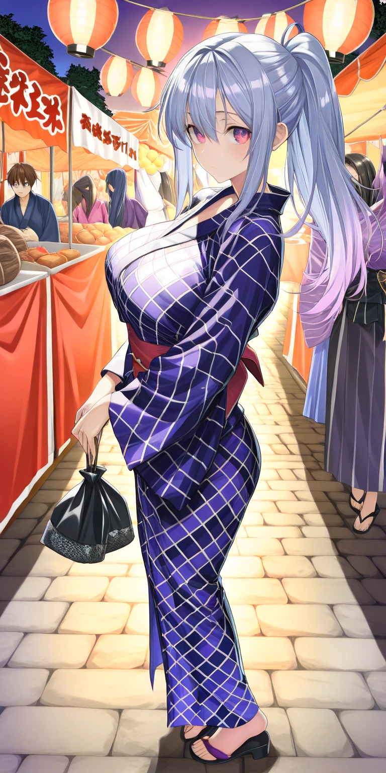 Shion, ((horn)), 1 black middle horn, 1girl, solo, hip hop shirt, jacket, cool glasses, oversized t shirt, black thighhighs, breasts, cleveage, pleated skirt, hair between eyes, large breasts, long hair, looking at viewer, light purple hair, purple short nails, solo, thighhighs, thighs, long hair, ((masterpiece)), tokyo city, japanese store, japab road, tokyo tower, standing, sexy pose, blush, shy, smile, open mouth, detailed hand, beautifull finger,