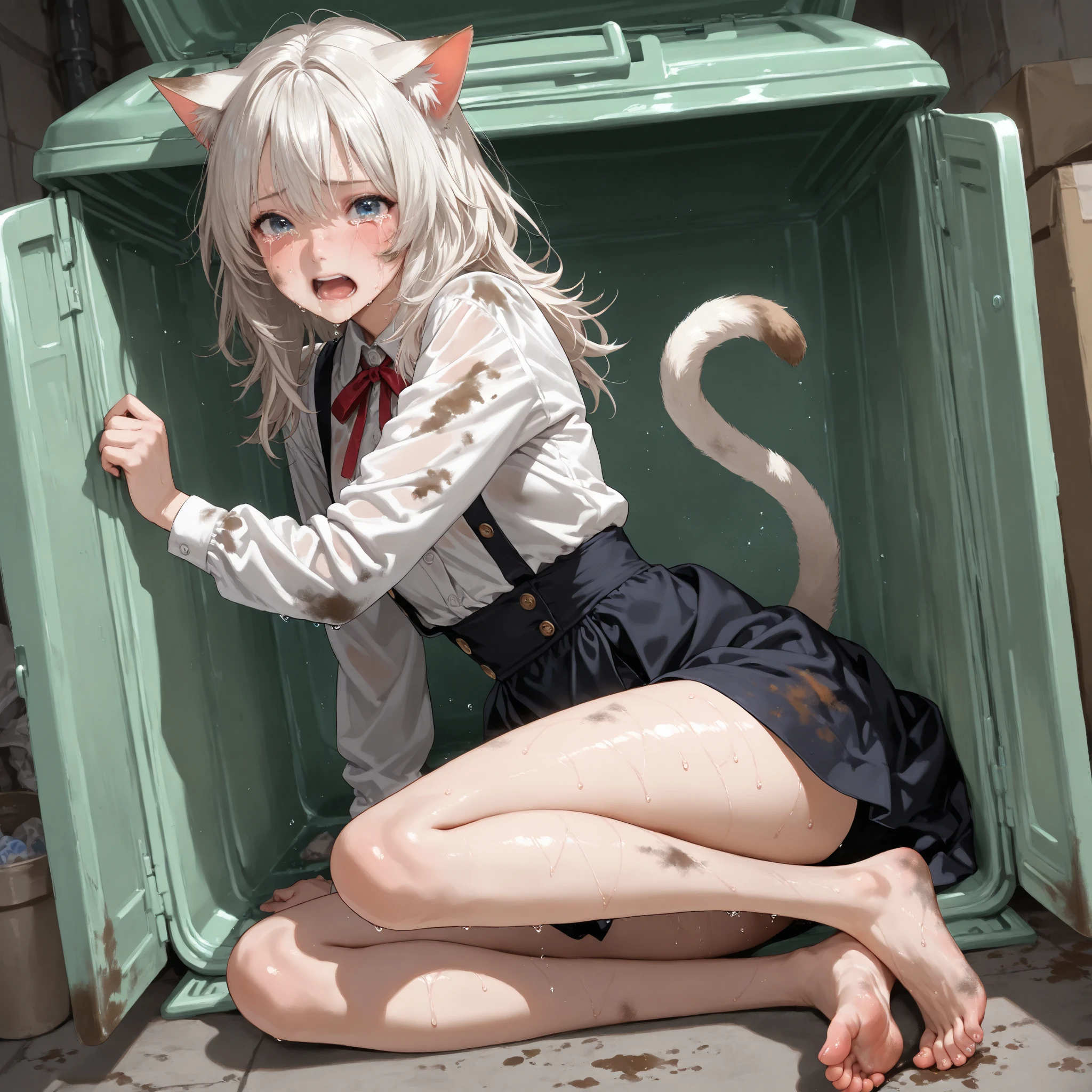 highest quality、masterpiece、((1 girl))、((smile:1.5))、(blush:1.5)、black shirt、blouse、((fun!!))、(small breasts)、(dog ears)、(silver hair)、()、((white apron:1.5))、((maid))、((hair ornaments)),、Kamimei、look at me、 ((in house:1.5))、 Take a break to watch the audience、((shaved pussy:1.5))、(highly detailed closed labia:1.5)、((Peeing is occurring:1.8))、peeing、light blue eyes、long hair