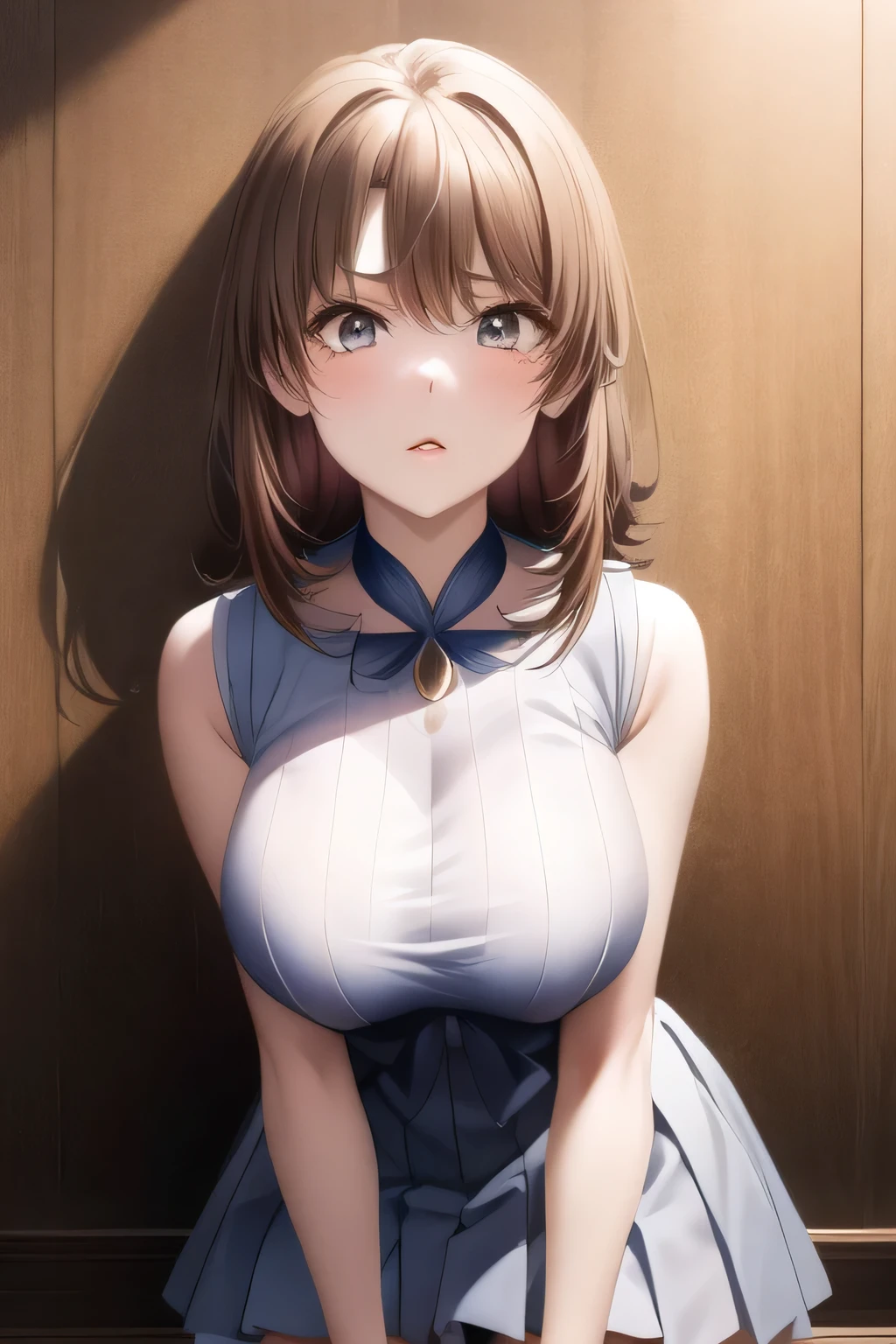 Can you draw a light dress of a sailor moon costume of a woman a beautiful smile of a woman ,brown hair short hair of a woman,,20 years old of a nice smile of an adult of woman,sleeveless costume,pleated micro mini skirt,boots,Big Breasts,Beautiful legs,,Can you see through her nipples、can you see through her nipples,,big boobs、 of ,I need a face,After a white blouse,Navy Blue of Pleated Miniskirt,
