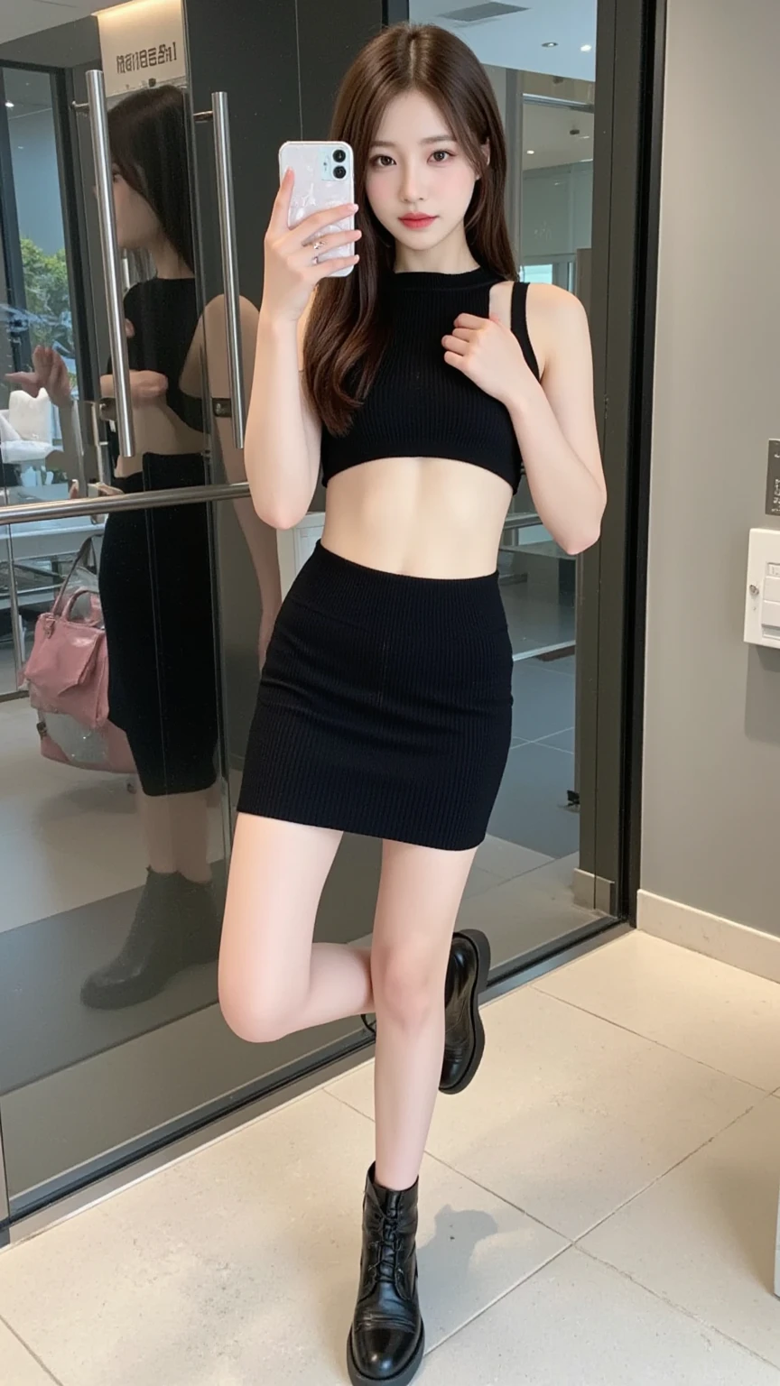 A girl about 22 years old,simplicity,Extremely beautiful and delicate,(light make-up),Black color hair,A sweet smile,Delicate and beautiful fair skin,Realistic and realistic,exquisite and complete facial features,Detailed depiction of the face,tall nose bridge,Red lips,Beautiful, gentle and beautiful girl,Smooth hair,extremely detail hair,Feminine temperament,Fill your face light,hyper realisitc,photorealestic,8K quality,extremy detailed,Realistic details,Works of masters,Realistic to the extreme,big breasts body,Beautiful,Pure desire,Stunning beauty,Peerless beauty,Highest image quality,8K分辨率,goddes,ssmile,Fine facial features,Hair over the shoulder,A brown-haired,Large long thick legs,(((High-waisted French top))),(((short skirt))),rays of sunshine,facing at camera,The body is well-proportioned and firm,Gentle eyes,Exposing thighs,stand posture,Stand inside the mall,Full body photo