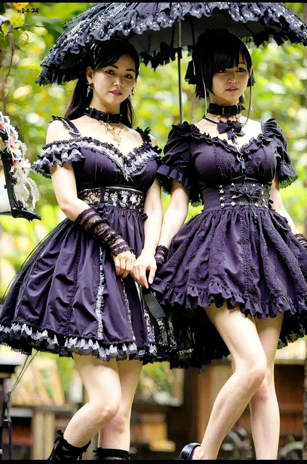 (nsfw), sexy stylish Swedish model, only 1 female, ((doll-like appearance)), long stylish hair, ultra detailed Victorian-Style boots, ((big smile)), ultra detailed eyes, vivid eye makeup, lipgloss, long lashes, defined eyebrows, ((sexy Paradise Kiss cosplay)), bell-shaped skirt, petticoats, high neckline, puffed sleeves, (( ultra detailed lace)), ((ultra detailed embroidery)), intricate details, Paradise Kiss accessoires and matching headpiece, choker, ((large sparkling Paradise Kiss jewelry)), cinematic light, detailed large park background with trees 