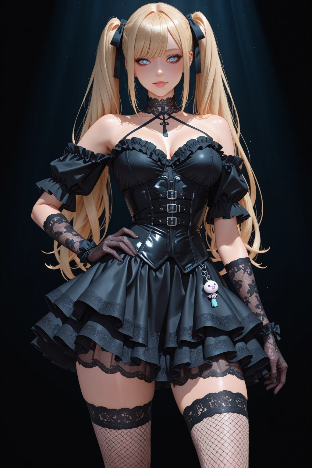 (Photorealistic:1.8, Highest quality:1.8,8K Masterpiece:1.8、Super detailed、Ultra-high resolution、Detailed Background)、((Flat Color))、((colorful))、Multicolored lighting、((Floating colorful water))、Blue background、
Bound Queen、Random Pause、(Chained、Golden Chain、Chained to the body、Chained first round、handcuffs)、Random Sexy Poses、Turn around、Angle from behind、
(Medium Hair、Blonde Hair、hair ornaments、choker)、(bondage、Mini Dress、choker、Knee-high stockings、garter belt、White biting panties)、Beautiful hip line、TWICE's Tzuyu' on pause、Beautiful blue eyes、(A rich expression、smile)