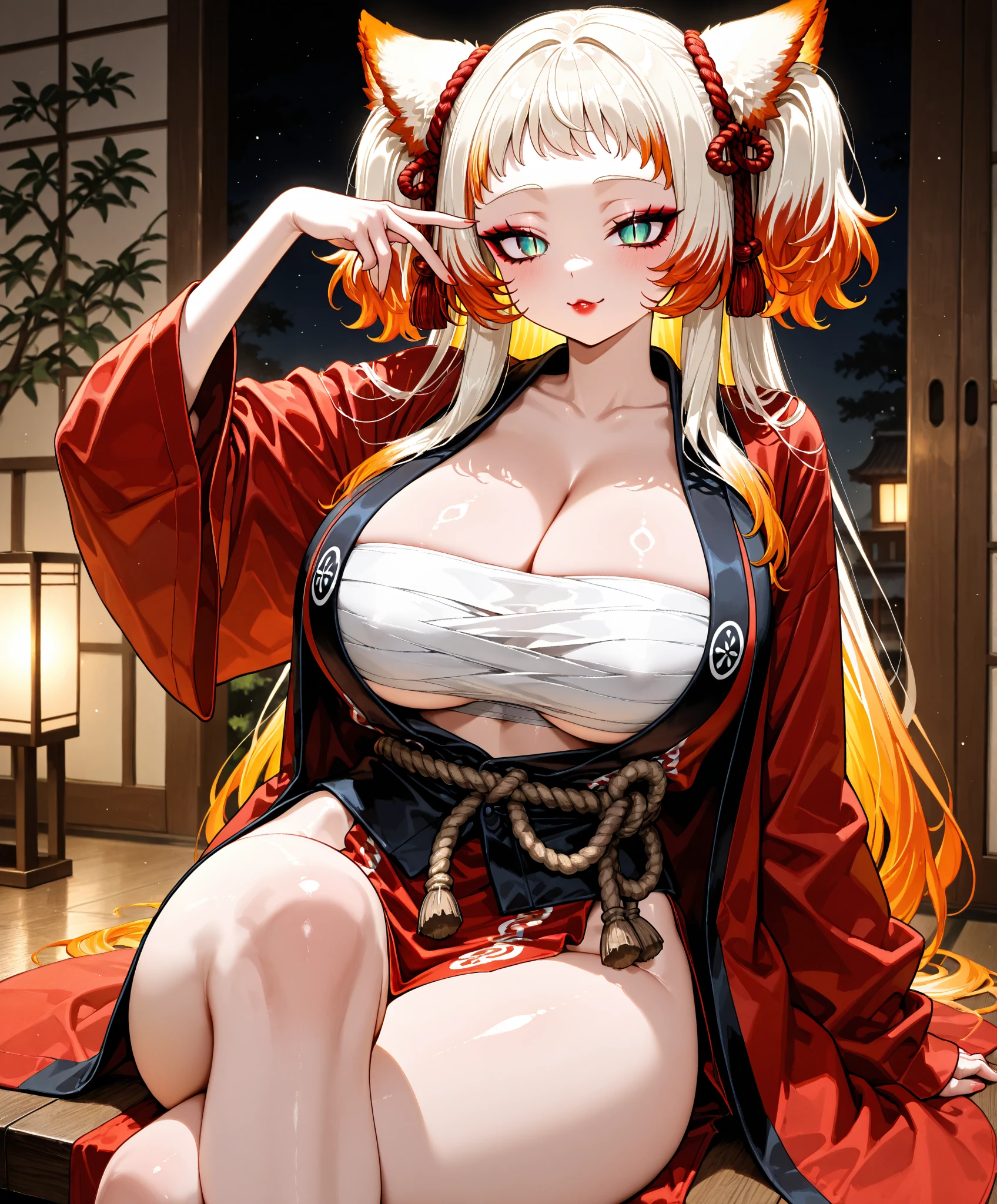 Masterpiece, best quality, high detailed, beautiful face, face detailed description, Ultra-detailed face, Detailed eyes, (((1girl, a female blonde with nine tails, nine tails))), delicate and fine, (mystical creatures), massive breast, wearing kimono, seductive, varied pose, perfect body, perfect face, plump boobs, perfect boobs, perfect anatomy, (nighttime), seductive smile, long legs