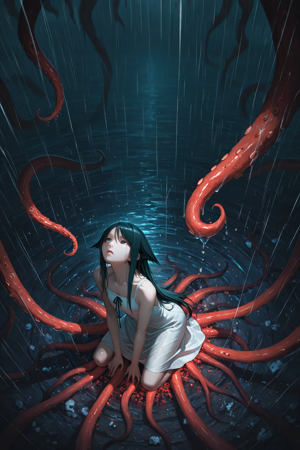 score_9, score_8_up, score_7_up, source_anime, best quality, masterpiece, official art, absurdres, highres, ultra-detailed,waifu2x,break,1girl, fantasy, tomboy, dark-skinned female, short hair, low ponytail, small breasts, beautiful detailed eyes, sweat, tentacles, tentacles , , clothed , , , heavy breathing, , trembling, , outdoors, wind, break,(clear line illustration:1.2),very high resolution, very aesthetic, super detailed skin, Best  lighting powered by famous artist, 8k,cute picture,beauty illustration,photoshop_(medium),,(Detailed Lighting),best anime 8k konachan wallpaper, pixiv contest winner,