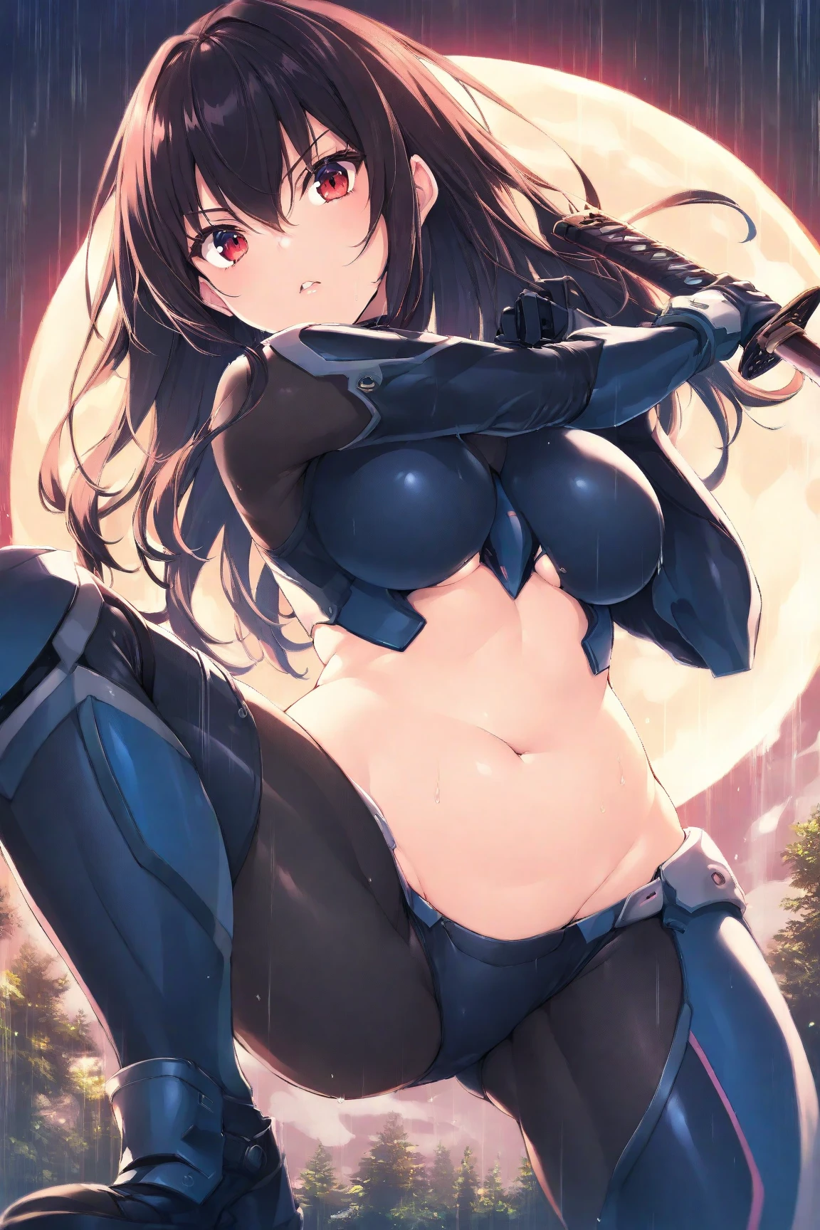 (shaded face:1.2), hollow eyes, yellow eyes, looking at viewer, heavy breathing, smirk, uppert teeth, long hair, black hair, blue eyes, breasts, 1girl, moon, abs, sky, solo, grass, red_eyes, full_moon, star_(sky), thighhighs, sitting, breasts, night, navel, looking_at_viewer, outdoors, strapless, boots, starry_sky, cloud, muscle, blush, thighs, "glow effects, godrays, Hand drawn, render, 8k, octane render, cinema 4d, blender, dark, atmospheric 4k ultra detailed, cinematic, Sharp focus, big depth of field, Masterpiece, colors, 3d octane render, 4k, concept art, trending on artstation, hyperrealistic, Vivid colors, extremely detailed CG unity 8k wallpaper, trending on CGSociety, Intricate, High Detail, dramatic", sweating, steaming body, fog, (anime coloring, anime screencap:1.5)