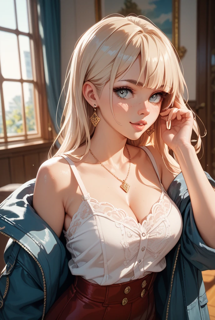upper body, 1girl, (AngelMs:1.4), large breasts, panties, midriff, facing side, looking at viewer, (cleavage), cropped jacket
