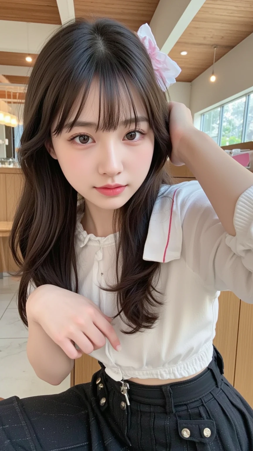 ​masterpiece、top-quality、Ultra-fine、Colossal tits、(Top image quality, Ultra-fine, hight resolution, ultra-detailliert,)、a sailor suit、白のThe shirtと青いリボン、A smile, red blush, line of sight, Sailor collar, bangss, long-sleeve, Bokeh、Background blur, neckerchief, Brown hair, The shirt, Mouth closed, 白いThe shirt, The upper part of the body, Bokeh, Black Sailor collar, railing, 青いneckerchief, depth of fields, natta, hand on own face, 鎖骨, head rest、nogizaka、Beautiful black eyes:1.３、17-year-old schoolgirl