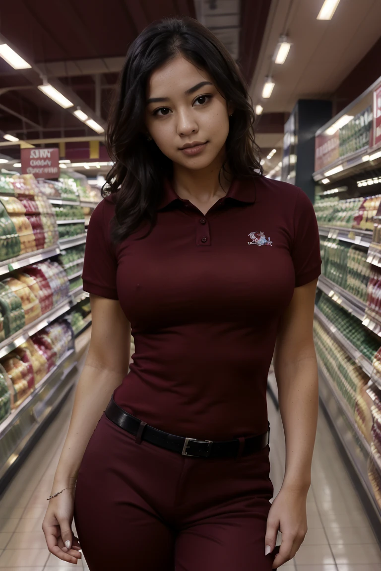 (Muscular:2.3), (thick thighs:2.1), 
woman, (asian, brunette:0.9), blunt bangs, short hair, (ponytail, red hair:1.2), (latina, blonde, long hair:1.3), 
eyeshadow, earrings, lipstick,
detailed eyes, (big smile:1.7), detailed skin,
(small breasts:1.5), (hard nipples:1.4),
(choker), (red unbuttoned polo shirt:1.8), (open collar, unbuttoned, unbuttoned collar, cleavage:1.6), (tight khaki pants:1.6), (nametag:1.6),
(upper body view:1.4), (looking at viewer), (three quarter view:1.5),
(grocery store), rim lighting, two tone lighting, dimly lit, bokeh