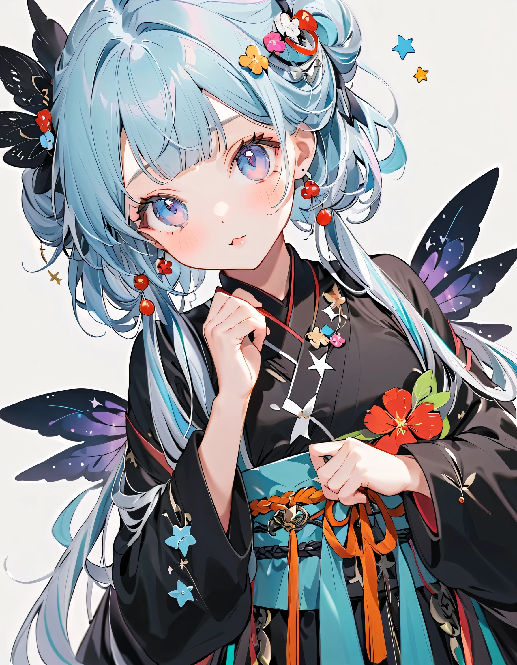 with a 25-year-old Chinese emperor、 1 girl,,Blink, 先端が青色になるように、make the hair color milk white so that the tips are blue、 the cutest girl in the world ,please wear a colorful and cute gothic kimono costume , Star Fairy ,please wear a colorful and cute gothic kimono costume with little fairy feathers growing from above your waist 、 simple background、 best details 、