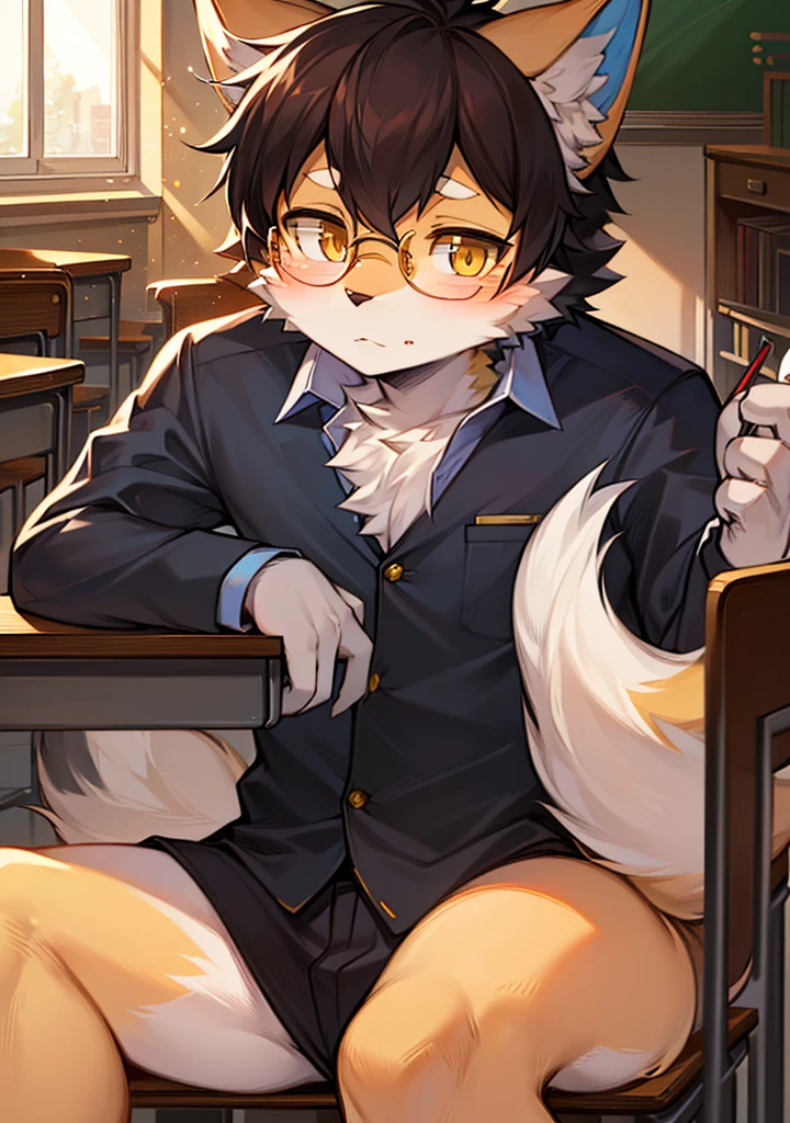 Fluffy furry, the feathers on his body are orange and on his stomach they are white, with a dominant black line on his stomach, while smiling facing the audience and waving his hands, the background is in a classroom, the pose is sitting holding a book, wearing white hoodie