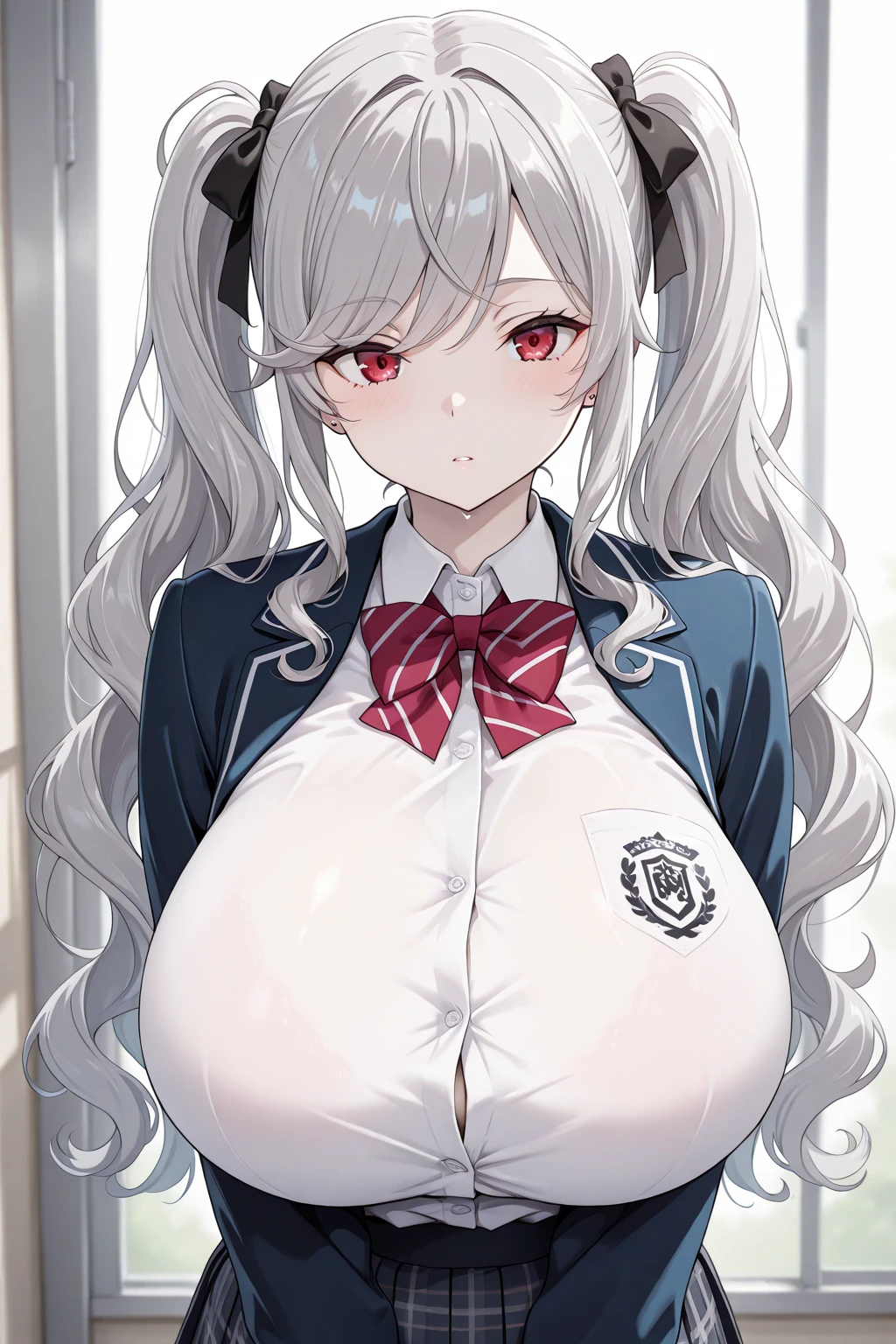 masterpiece, best quality, ultra highres, 8K wallpaper!, fine details, solo, (skinny body, thin body, narrow hip:1.3), narrow waist, skinny thighs, red eyes, sparkling pupils!, white hair, braid, hairclip, (gigantic sagging breasts, gigantic breasts:1.4), (school uniform, dress shirt, cardigan, pleated skirt:1.7), bow, classroom, cowboy shot, standing, (from above:0.7), bashful,