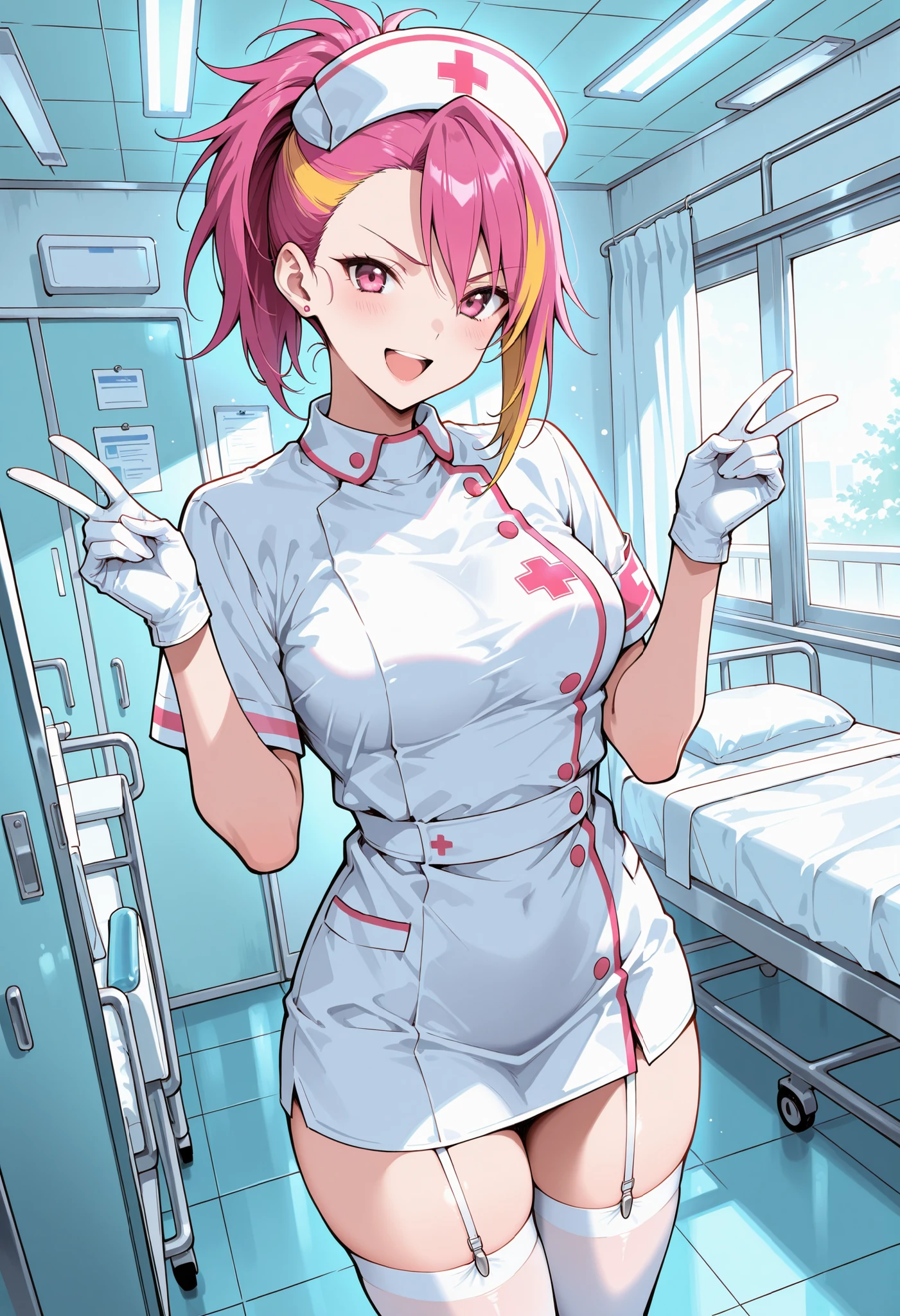 1girl, solo, nurse, white nurse cap, white nurse uniform, ((white legwear, zettai ryouiki)), white gloves, pink hair, green eyes, drooping eyes, smile, standing, ((hospital room)), sharp outline, short sleeves, best quality, masterpiece