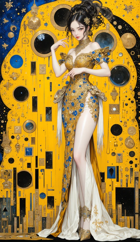 (Ultra-detailed, photorealistic, best quality, 4k, 8k, highres, masterpiece:1.3), (Vogue magazine cover), (Vogue Style Cover), 1 female, age 18, Chinese, pale skin, perfect body shape, elegant and luxurious appearance, wearing a Baroque Futurism Qipao - Chinese traditional clothes with Baroque-inspired patterns, ornate details, metallic fabrics, holographic accents, rich colors like gold, silver, and sapphire blue, full body showcase, no logos on background, a background with futuristic architecture, merging classic opulence with futuristic design.
