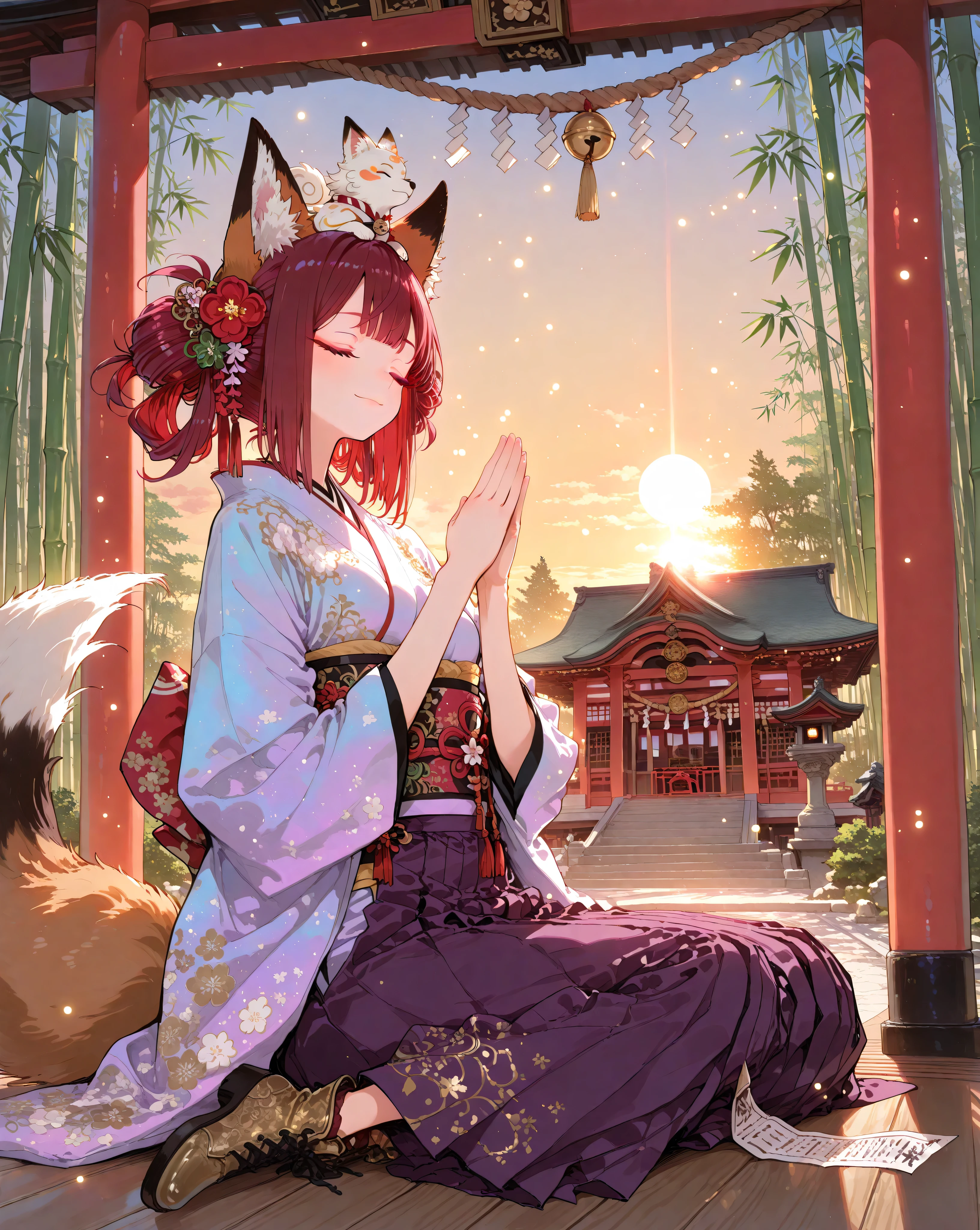 (masterpiece,best quality,good quality,ultra high resolution,ultra detailed,newest):1.5,
(anime style,sharp focus,illustration,clean lines):1.4,
(glowing,cg effect):1.8,(ethereal,dreamlike):1.6,(luminous aura):1.5,
(breathtakingly beautiful woman):1.8,
(1girl),
(dark red fox ears,dark red fox tail):1.8,(fox on head):1.5,
(meditating,sitting,calm,serene expression,closed eyes):1.8,
(on veranda,engawa):1.7,
(porcelain skin,hyper-detailed face,closed eyes,serene expression,gentle smile,individual eyelashes,detailed pupils):1.6,
(curvy body lines,biologically correct, perfect realistic hands,meditation hand pose,mudra):1.6,
(dark red hair,outer hair:dark red):1.5,(inner hair:light red):1.5,(flowing silky):1.6,
(traditional Japanese Yasha-maki hairstyle,stray hair strands framing face):1.4,
(kanzashi,kogai,tama-kanzashi,bira-kanzashi,beautiful floral hair ornament,small floral,glistening,ornate hair ornaments for double buns):1.6,
(fitted kimono and hakama style):1.8,
(lavender kimono tops,long flowing sleeves,intricate floral embroidery:0.8):1.7,
(plain deep purple long hakama,wide pleats,wide bell bottoms,Ankle-cut hem):1.8,
(deep purple obi,intricate gold pattern,obi attached to hakama):1.6,
exposed brown ankle boots,
(textured fabric,intricate embroidery):1.4,
(shrine grounds,torii gate,(main shrine building,honden,ornate shrine,traditional Japanese shrine architecture),stone lanterns):1.8,
(bamboo forest,bamboo grove,tall bamboo,lush greenery,behind shrine):1.7,
(shimenawa,ema,omikuji,chozuya,komainu):1.5,
(morning sun,sunrise,golden hour,warm light,soft light,sunlight rays,dappled light,atmospheric light):1.8,
(cinematic lighting,volumetric lighting,dramatic lighting,dynamic lighting,contrasting light and shadow,rim light,dramatic angle):1.3,
(soft glow,iridescent,glowing particles):1.3