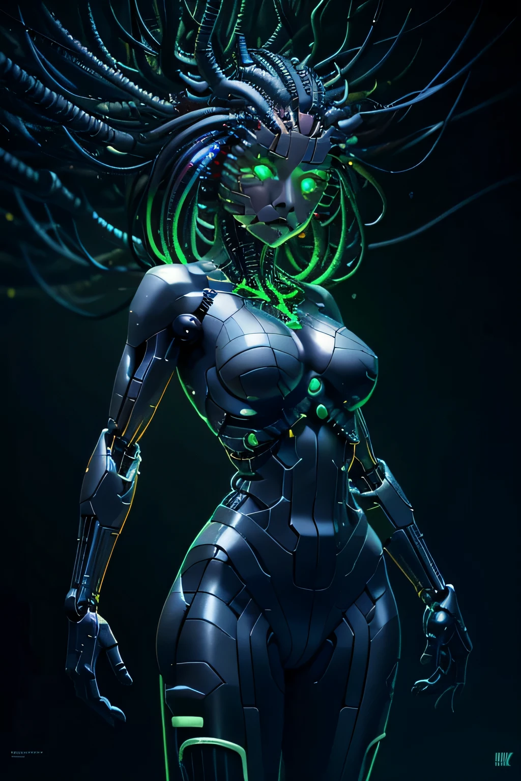 shodanSS_soul3142, masterpiece, best quality, hig+hres, HDR, ultra-detailed, extremely detailed CG unity 8k wallpaper, perfect artwork, 1girl, glowing eyes, green theme, tube in head, cables, neon, science fiction, circuit board background, perfect breasts, petite, cybernetic body, portrait view,