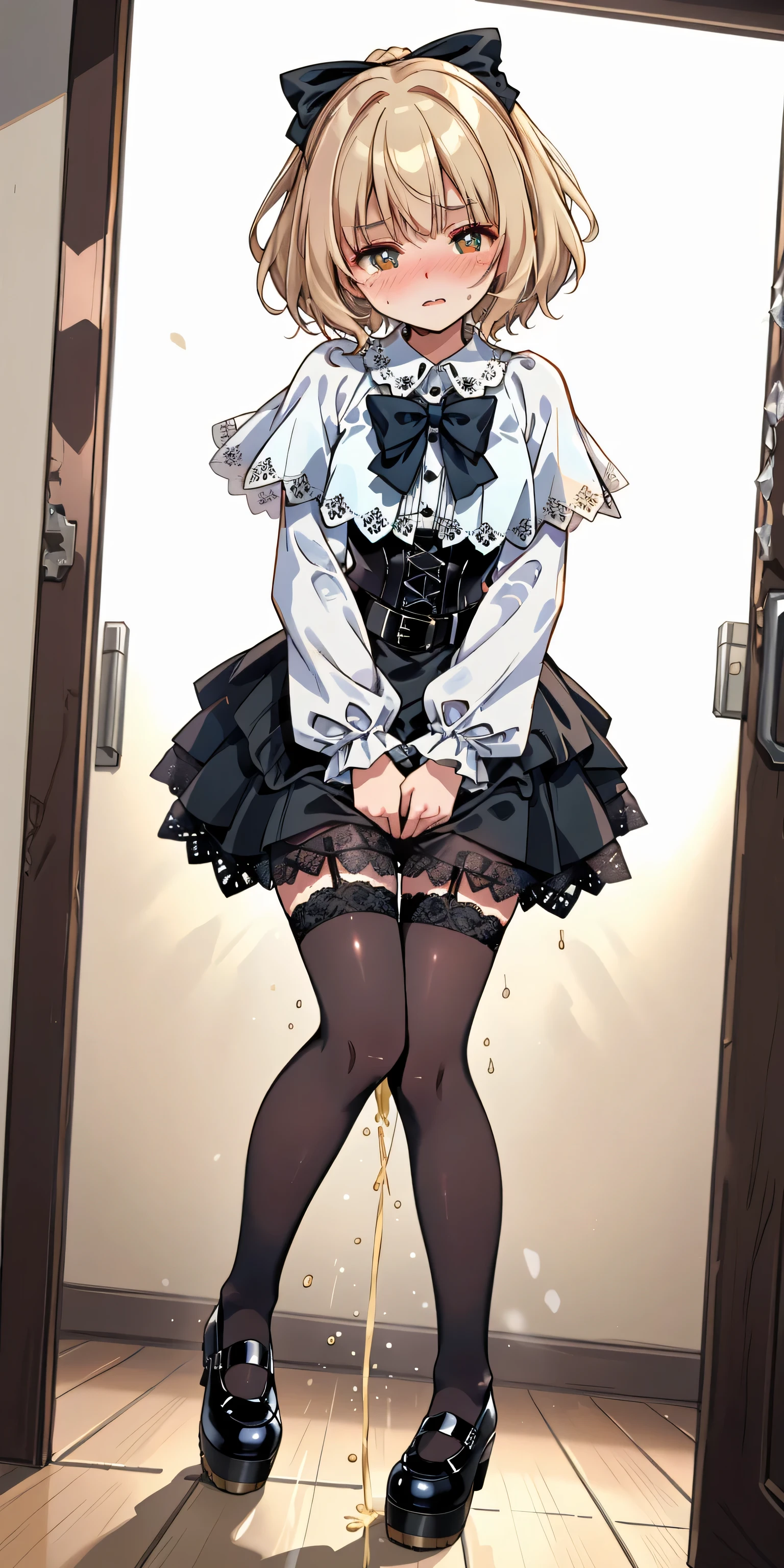 anime girl in a maid outfit standing in front of a door, black and white manga panel, gorgeous maid, thighs!!!,  fully - clothed!!!, anime girl in a maid costume, black and white manga, oppai