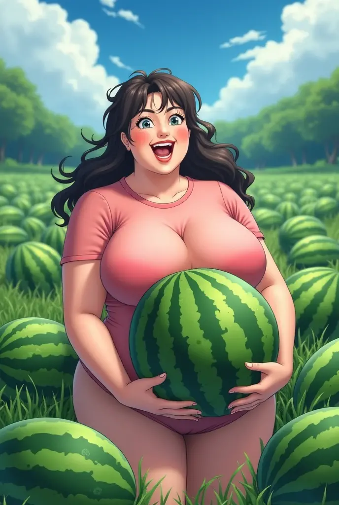 A cute looking carrot creature has lodged itself inbetween a woman's large breasts, it is being held quite tightly between them and the woman is very embarrassed over the situation 