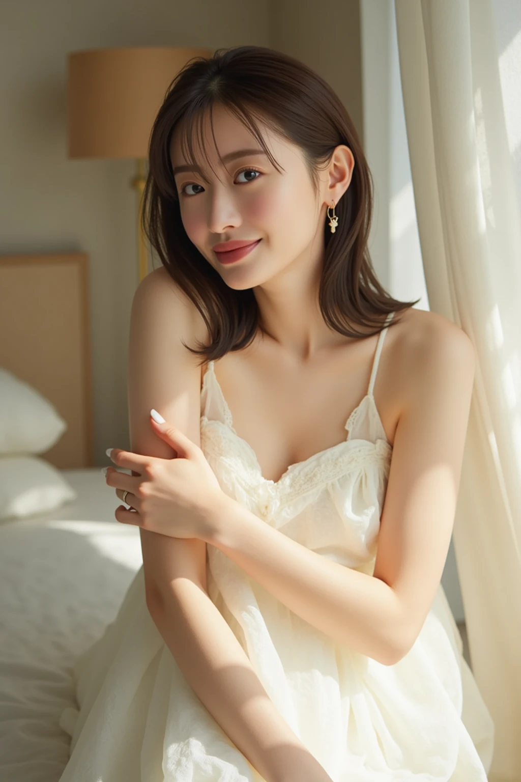 masterpiece, Best Quality, 8K, 1 girl, 20 yo, medium breast, cuddly, Solo, arch smile, Cute, Girly, Delicate girl, Neat and clean beauty,  Raw photo, Professional Photography, Portrait, Soft light, Professional Lighting, Back lighting, Upper body, Looking away, Sophisticated, Film grain, (Eyes and faces with detailed:1.0), short length floating hair, beautiful flowing hair, bangs