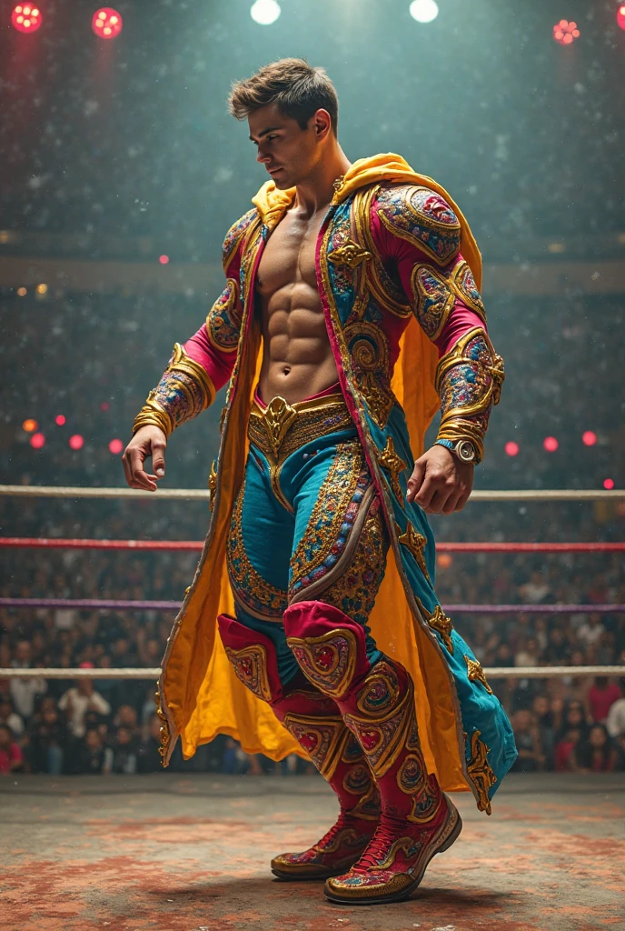 A man standing with pink hair,  on top of a building, using two golden gauntlets.