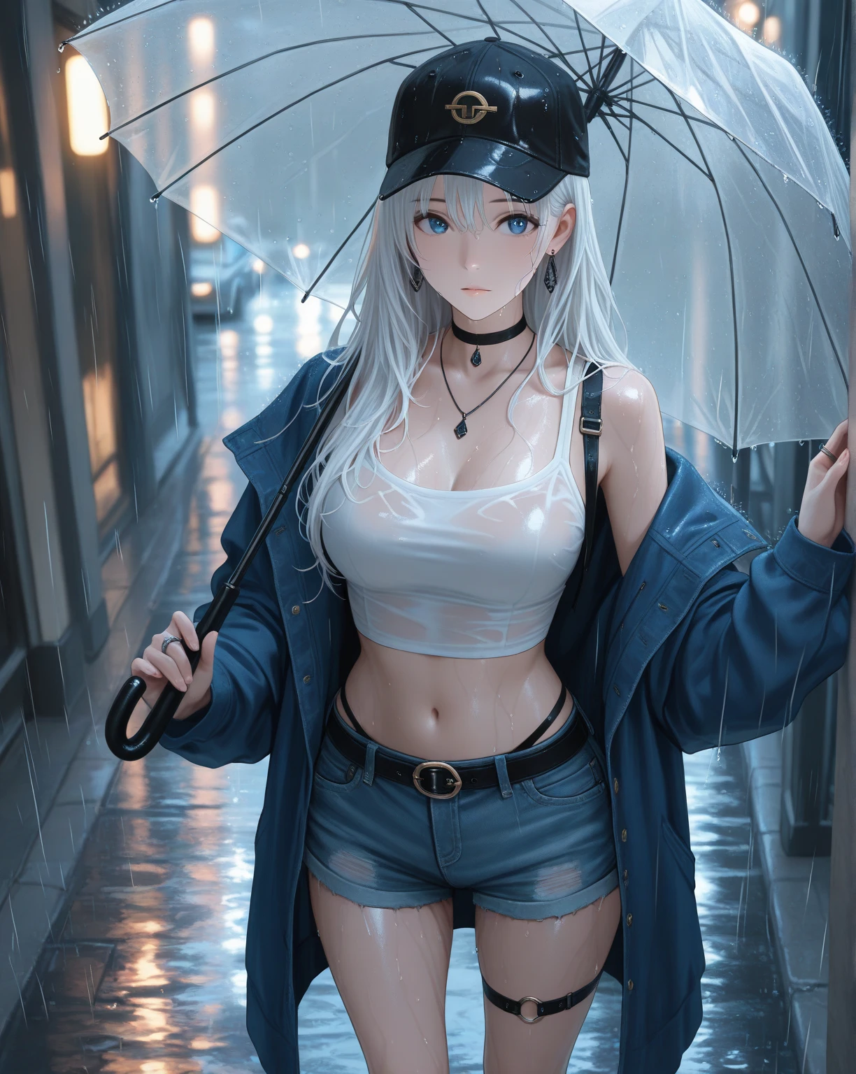 realistic, anime, 1girl,bangs, twintails, long hair, big breasts, off shoulder, white hair, rainbow hair, oversized T-shirt, white T-shirt, black bra, bare legs, thigh, cleavage, collarbone, (extremely detailed CG unity 8k wallpaper, masterpiece, best quality, ultra-detailed, best shadow), (masterpiece:1.2, best quality), very red eyes, sweat, soft body, cute, arm strap, thigh strap, multicolor eyes, outside, out door, raining, night, wet cloths, standing, standing in the rain, wet hair, wet skin, see through, (heavy rain), ruined building, messy ground, bullet shells on ground, dust, wounds, walking, jacket, tactical suit, military equipment, (night), white legwear, wet thighs, ((lotion)), from behind, (wet), dress, skirt, , happy, happy expression, thighs, from below, horizon, \(weapon\)