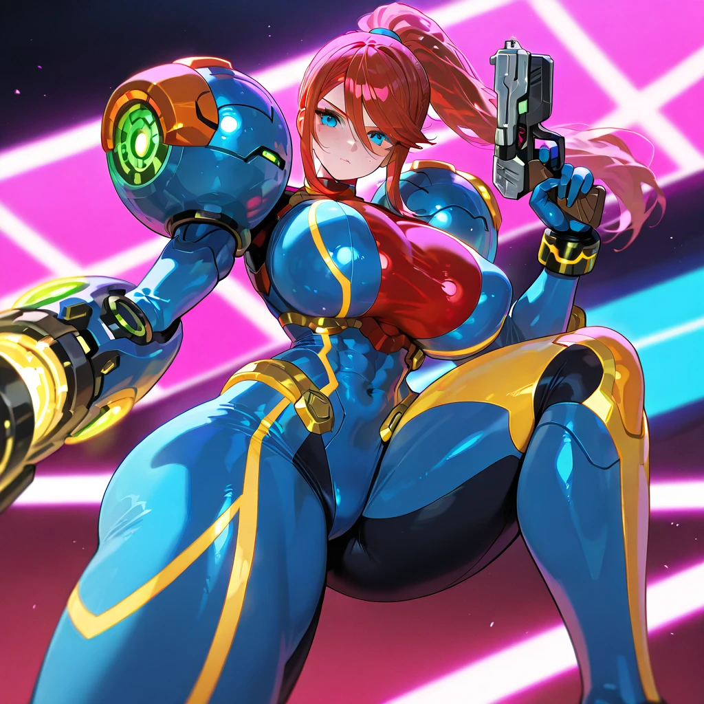 Kei from The Dirty Pair, , wearing a tight outfit, frame, legs, medium breast, red hair beauty, cyberpunk city background, holding retro space-gun, headband, slim waist, slim thighs, thigh gap