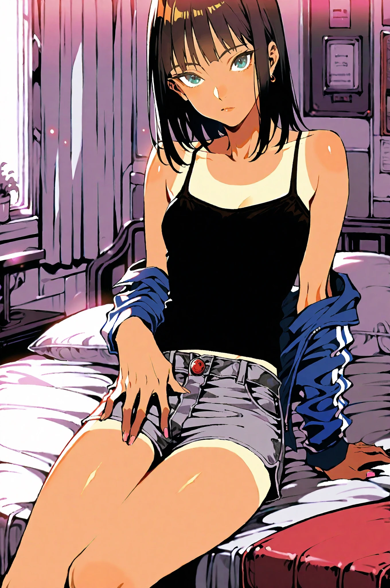 vector image, 2d cartoon,masterpiece, An teenage girl,colored hair, blush, simulates sex with sehself:1.3, tight worn-out jeans,pull herself down on knees, red