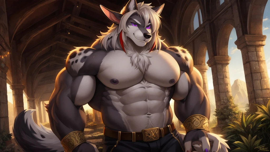 mastery,best quality,(by hioshiru and kenket and dimwitdog, Michael & Inessa Garmash, Ruan Jia, Pino Daeni, Chunie), solo, anthro, male, (wolf), ((intricate detail fluffy fur texture)), Mane, pinup, (yellow eyes), chest hair, digigrade, (tail), handsome, film, solo, (abs), (shadow), (detailed eyes): 1.2, ((bust)), large, thick legs,, body fluids, Big and juicy