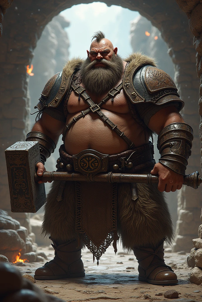 angry fat ginger bearded haired viking with his chained hook in one hand and hammer on the other hand