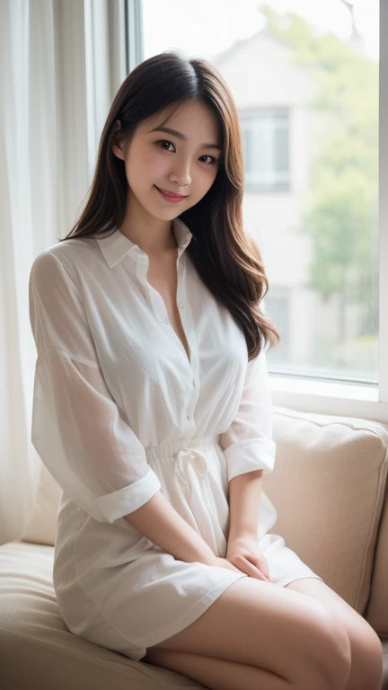 (Raw photo), (Photorealistic), (masterpiece), (highest quality), High resolution, 8K, (Intricate details), (Volumetric light), Portraiture, woman, Age 35, Medium Hair, Straight hair, Medium breast, Layered Hair, Brown Hair, Very fine grain, Source Order, Very thin eyebrows, Very fine skin, Very fine mouth, A very fine nose, Cute like an idol, Smile, (Thick lips), (Watching the audience), (Elegant blouse), Shot on the knee,naked，nakedの胸,Pull angle of view,naked、全naked、naked，nakedの胸,fully open legs、全naked、Raw photo、Photographed in natural light、highest quality、8K、32k、masterpiece、Realistic