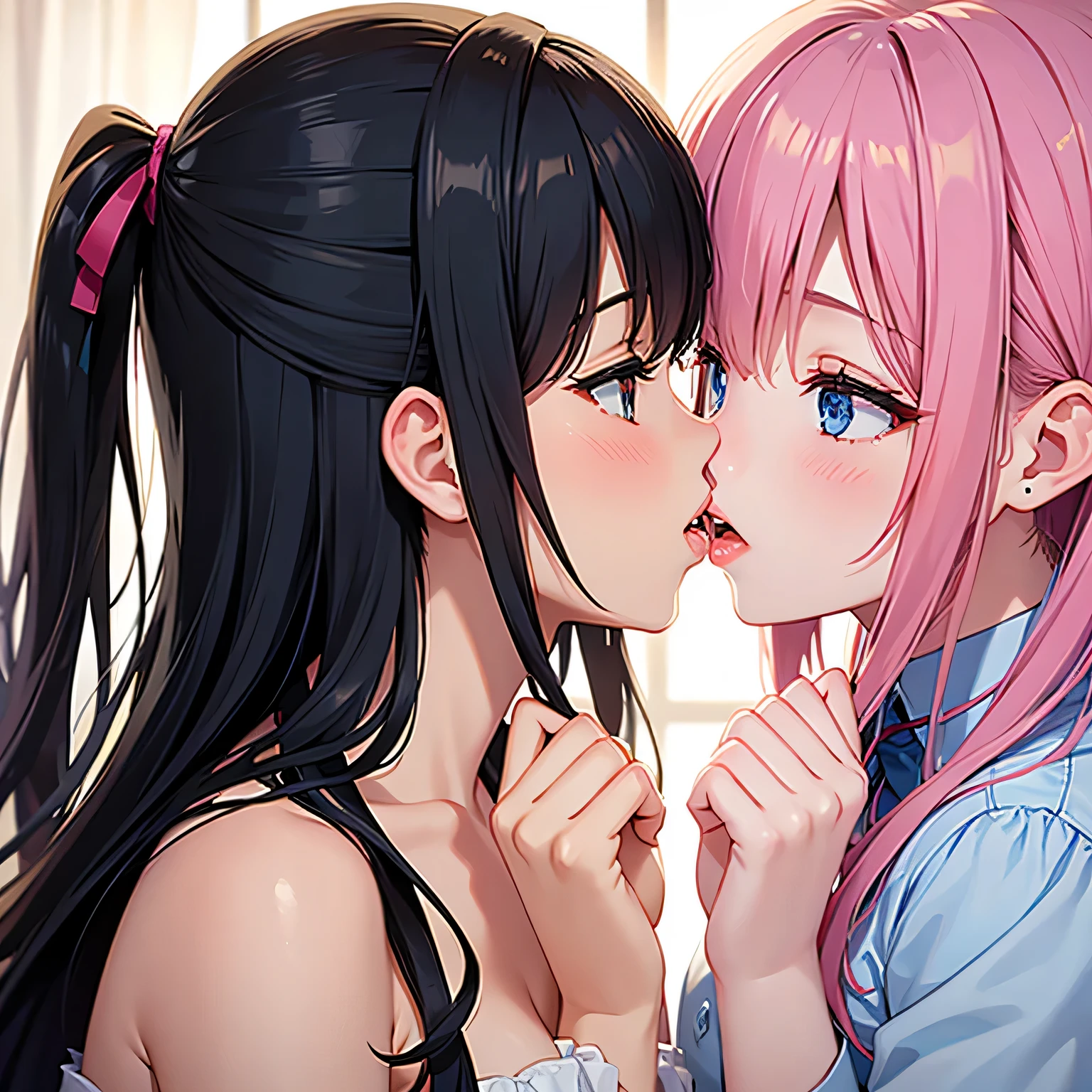(masterpiece, best quality, ultra-detailed, high resolution, detailed eyes), takeda hiromitsu style, {{{2women}}}, school girl uniform, big eyes, pet collar, french kissing, looking at each other,  in heat, upper body