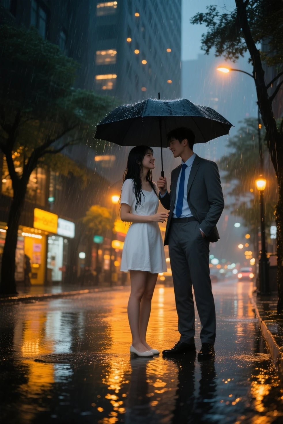Photo of a couple in heavy rain, a young woman of about 25 wearing a light white short dress, long black hair slightly wet in the rain, standing with a large black umbrella for a young man in a dark gray suit, a blue tie. The couple stood close to each other on a city street, with lights from shops and street lights reflected on the piggy floor. Creating a shimmering reflection, the rain drizzling through the yellow-orange lights, the young woman gazes at the young man with gentle glances, thin smiling lips, while the young man looks at her with warm eyes, one hand lightly tapping on her waist. The background is a tall building in The city has twinkling lights, seeing the shadows of trees on the roadside waving in the breeze, raindrops hitting the ground, creating ripples of water, slightly low-level camera angles take. The cinematic style uses the technique of low light photography, emphasizing lighting from city lights. Neo noir film color scheme provides a romantic atmosphere on rainy nights. There are flare lenses from raindrops and city lights.