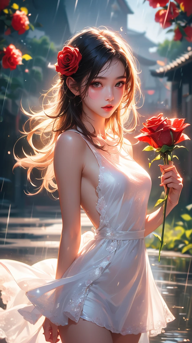 Beautiful woman in a fine white dress, Wet Hair, Rain in underwear, The rain got my clothes soaked, Exposed skin, Messy Hair, Nariz Brush, High detail, close,oto RAW Cinematic,Ultra-realistic photos,Ultra-realistic photos,Digital SLR,Soft lighting,Product photo of five strawberries falling into water、Dripping、Splashing clear liquid、Water flower,Dynamic Composition Star Part) (Better Quality) (be familiar with) (Cinema Lighting) (Sharp focus) (Complex), Master Parts, Better Quality, Ultra-high resolution, 8K Ultra HD,Fine grain_Xl, Furtastic Detailer