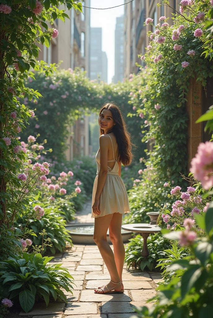 ((1 naked girl, solo)), Beautiful 25 years old skinny woman, (completely nude), beautiful face, droopy large breasts, thighs, shiny white skin, heels, standing in flower garden, dark brown hair, surrounded by many colorful flowers, High resolution, masterpiece, Highest quality, Full body photo, 1 naked girl, earrings, necklace, solo, beauty,1 girl, from back