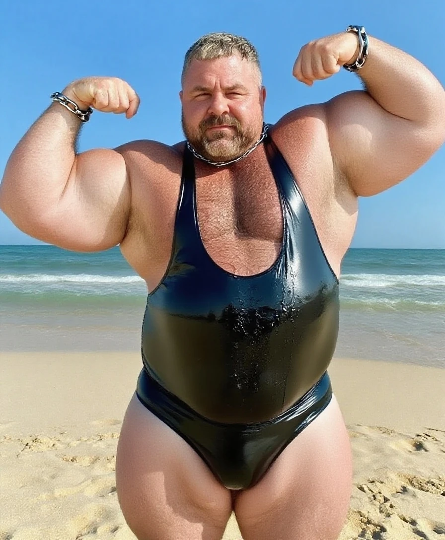 A blond male ex-bodybuilder swollen with muscles excessively bloated with anabolics and steroids, with undercut haircut,  but now obese, his huge muscles seem filled with gelatinous water painfully crawling on his stomach like a slobbering slug on the beach, in his white lycra singlet and white socks, his white socks must be seen
