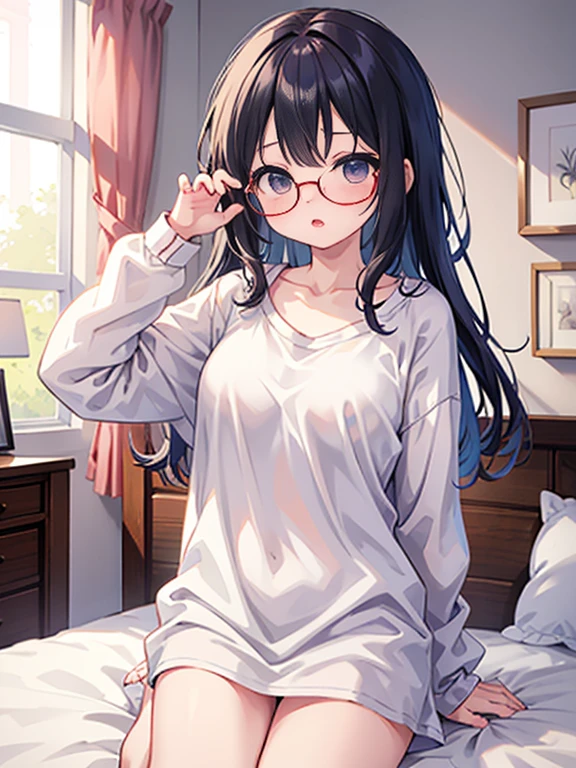young girl, casual clothes, bedroom, light blue eyes, black hair, glasses, quiet, elegant