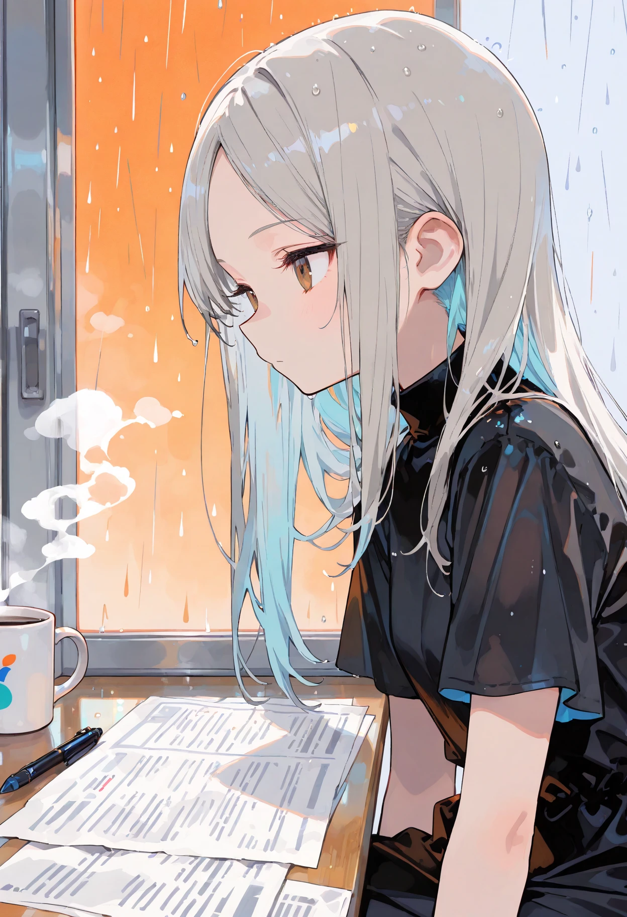 PureErosFace_V1, top quality, ultra high resolution, (photorealistic: 1.4), 1 girl, (ulzzang-6500:1.0), Kpop idol, Instagram model, (sexy eyes: 1.2), black hair, brown eyes, blue veins, full color, drinking canned coffee, girl wearing white shirt and dark blue skirt, Carry a black backpack, large breasts, brown skin, watercolor, add color to the white areas. The background should depict the Japan railway platform.
