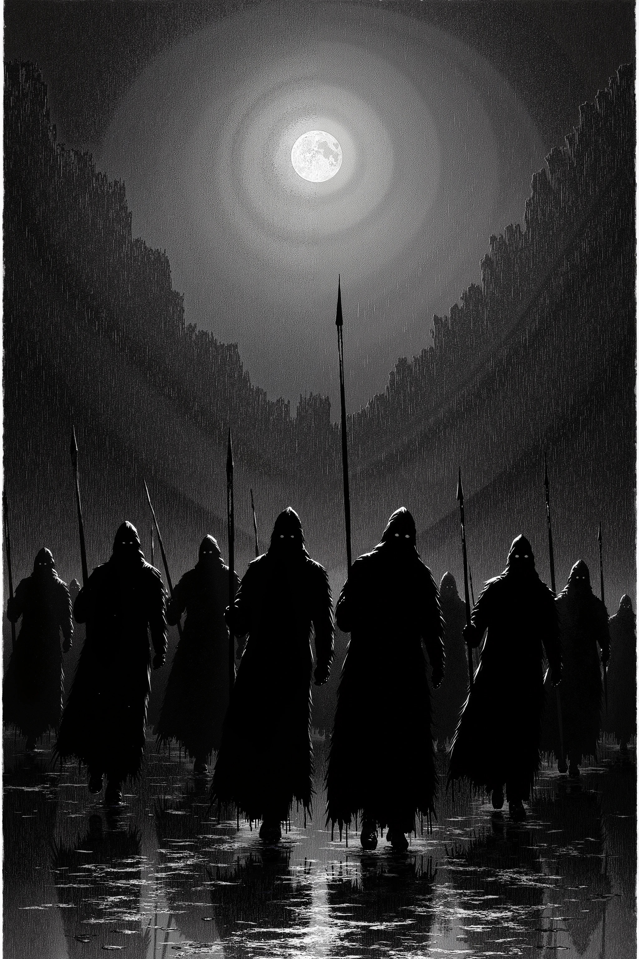 Depressive Black,black and white etching、In the rain、Mercenary units with spears are marching、