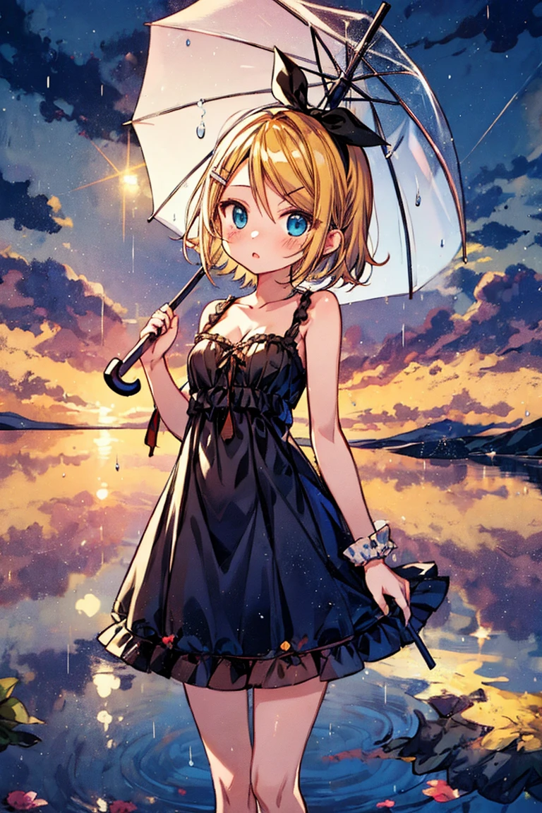 masutepiece, Best Quality,Illustration, Wallpaper, Ultra Detail, absurderes, 1girl in, Solo, (Medium short hair、short braided hair), Beautiful detailed eyes, beautiful detailed fingers,with blush cheeks,after rain , (ocean type:1.3), Night sky after rain, Hair that flutters in the wind,(a panoramic view:1.3),(Sense of depth:1.5),(longshot:1.3)、natta,(dark sky) ,(starrysky),White blouse,  (shoulders can be seen:1.3), (Wet:1.2), (with thin ribbon), Short pleated skirt, (Flowing in the wind:1.3), (Light blue panties are visible:1.2), (Plaid), arms visible, clean breasts, I can see your elbow,thigh visible, buttocks visible, (Wet)