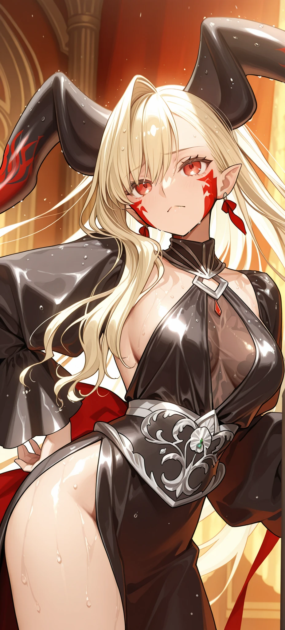 top-quality、Top image quality、​masterpiece、girl with((cute little、18year old、Best Bust、Medium bust、Bust 85,Beautiful blue eyes、Breasts wide open,Valley、Blonde long hair、A slender、Black Samurai Costume、Exhausted face,He holds a sword in his right hand Japan、black and white color scheme、systemic return blood、Reflecting the whole body、sit in、all-fours)）hiquality、Beautiful Art、Background with((Japanese-style room、The screen is covered in blood、Bloody tatami mats、Bloody fusuma、Shoji with blood)),masutepiece、Elaborate design、visualart、depth of fields、The best lighting、highestdetailed、8ｋ,、Art of Kurosawa World