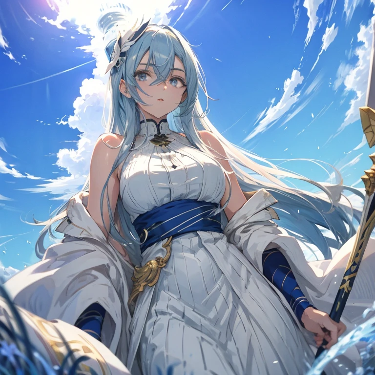 Adult Women, long white hair, wearing a mermaid headband, blue sexy dress, holding a sword, standing against the sea in the background,Glare
