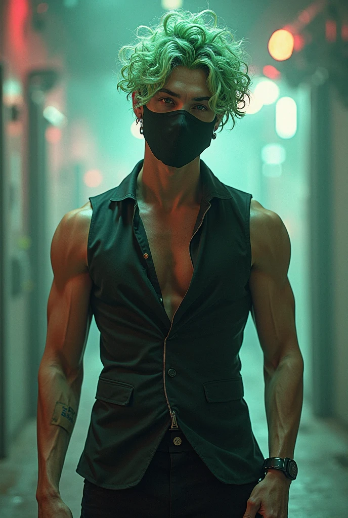 A short man of 1.72mts, similarities to a femboy but he would have green hair, yellow eyes and with his body extremely toned but still thin, only kept himself in shape, and he would have a semi-hard member hidden under his athletic leggings and with his black gloves on his hands, clearly wearing green thong underwear but he was heterosexual