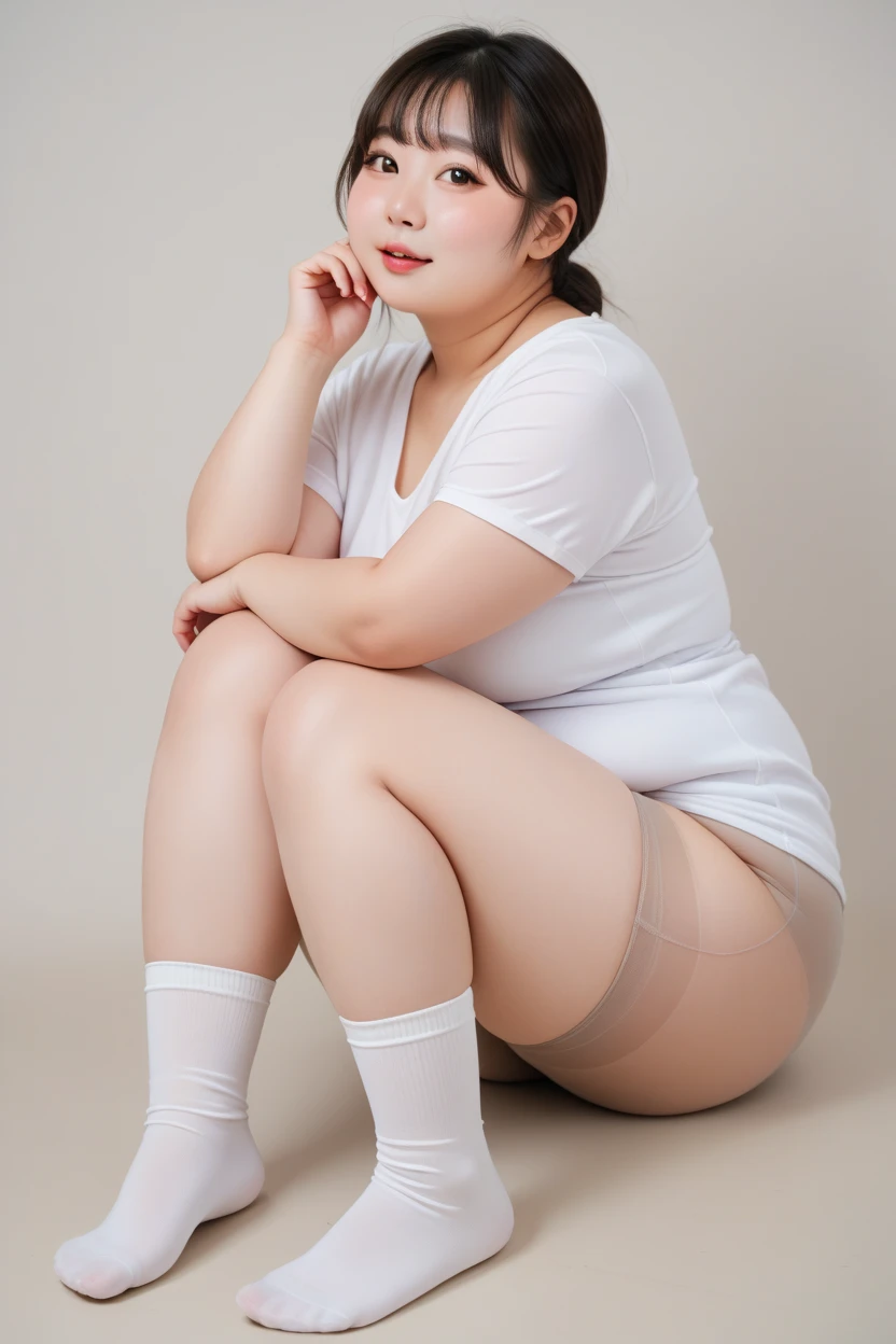 Chubby girl　Sit cross-legged on a chair　Shiny background　Best Quality