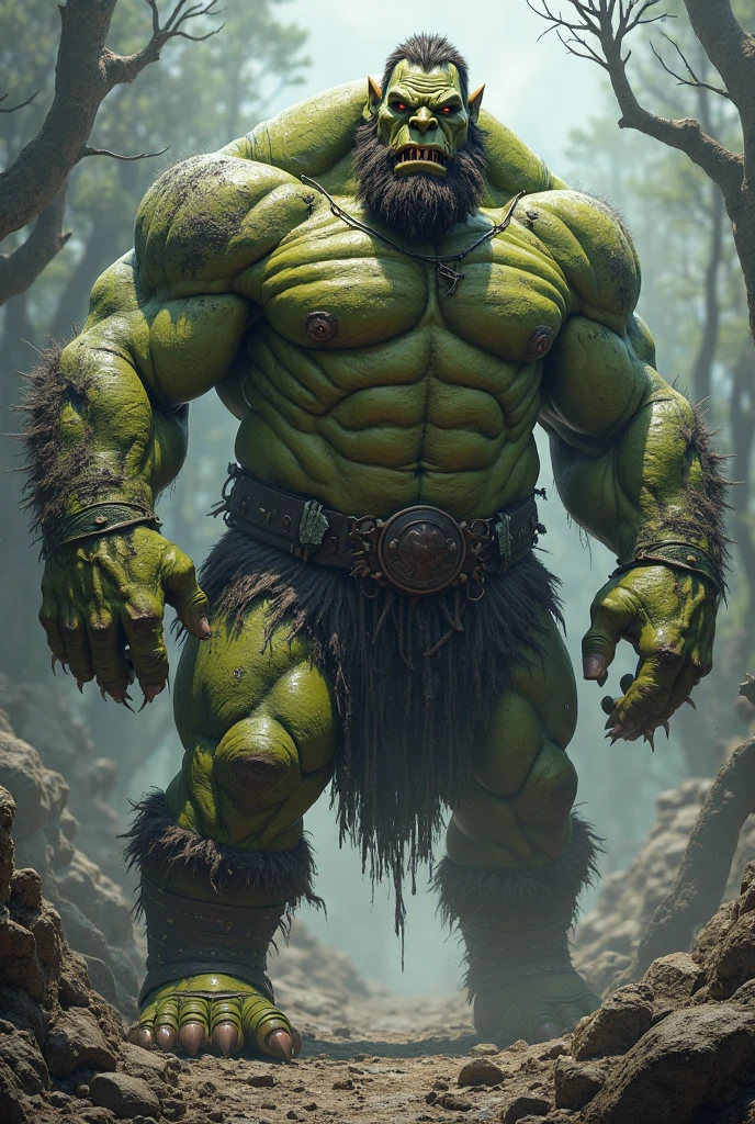 Dark green muscular orc armed with a sharp spear walking in thick woods in the misty morning