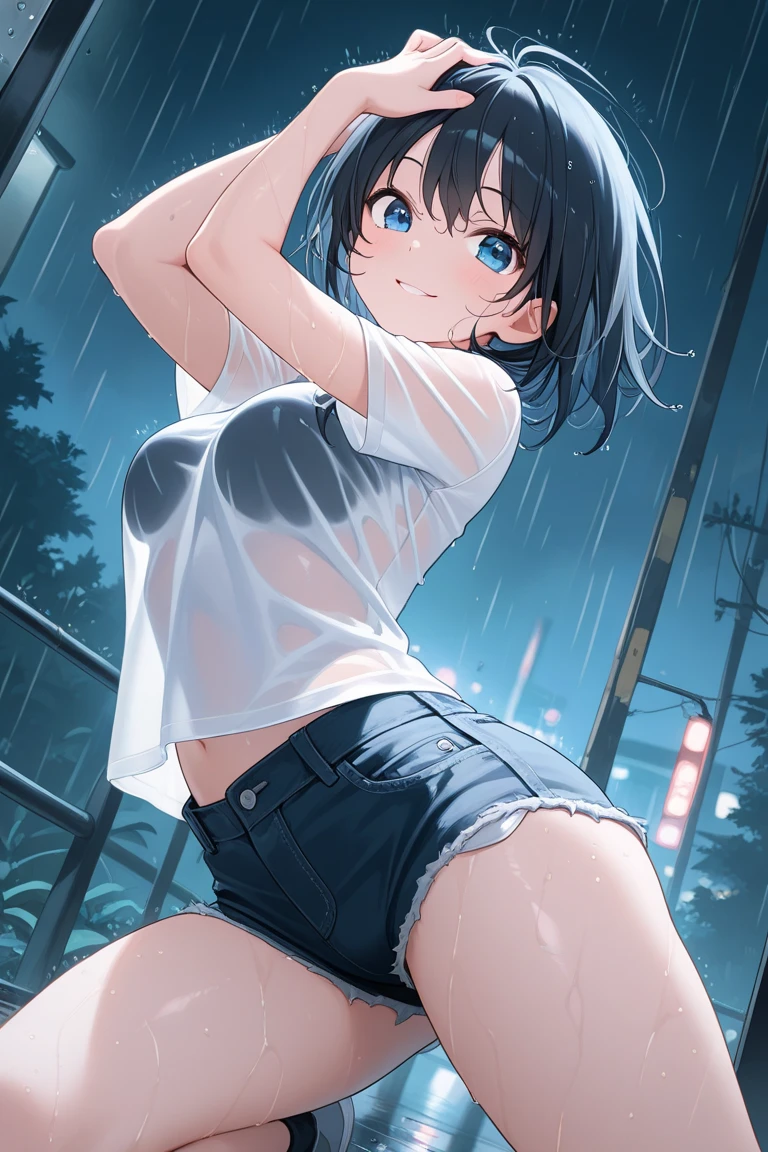 (masterpiece:1.2) (best quality) (detailed) (intricate) (8k) (HDR) (cinematic lighting) (sharp focus), (perfect face), ((( 1 girl ))), cool looking woman, short hair, tomboy, mature, expressive eyes, heterochromaia eyes , (perfect female proportions), (very large breasts), women loose shirt, with casual shorts, long legs, skinny legs, slim hips, tomboy, milfication, mature female, casual clothes, the loneliest girl, artistic, (golden hour), (rain, sad), luminism, serenity, Anime art, a contrast between the realistic and the absurd, Focused on Woman, chaotic, high creative, dynamic, informative