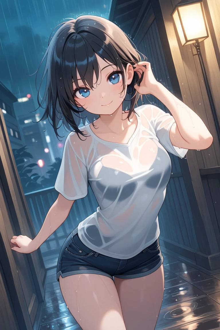 (8K, RAW Photos, 最high quality, masterpiece:1.2), high qualityのRAWカラー写真, Professional photo shoot, Cinematic Light, alone, (((young woman, Gal))), (Sharp features), (Small face), (Skin with attention to detail:1.2), clavicle, Cute face, beautiful appearance, Long eyelashes,Girl Turning Around, smile, (Black Hair, ponytail), White see-through t-shirt, Sporty shorts, gym, Confident attitude, Capture the happy moment, Artistic painting,Attractive thighs, sneakers:1.2, (Very nice touch:1.2),はにかんだsmile), Peaceful atmosphere, Oil painting style, Bright colors, (Are standing:1.5, gymのコート, Full body portrait), Smooth texture, Gazing Eyes, beautiful Skin, Shiny skin, ((Perfect Fingers, Five Fingers, Anatomically correct)), Background Blur, high quality, Surreal, ((Very detailed, photo shoot)),thin、showing her 、beautiful Abs、Sweaty、beautiful 、、Full Body Shot、Flip up a T-shirt、beautiful腹筋、Small breasts